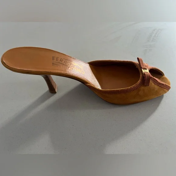Salvatore Ferragamo Brown Suede Bow Kitten Heel Backless Sandals - Picture 7 of 12